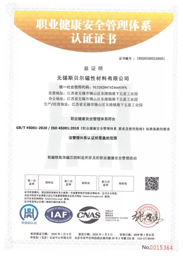 职业健康安全管理体系认证证书